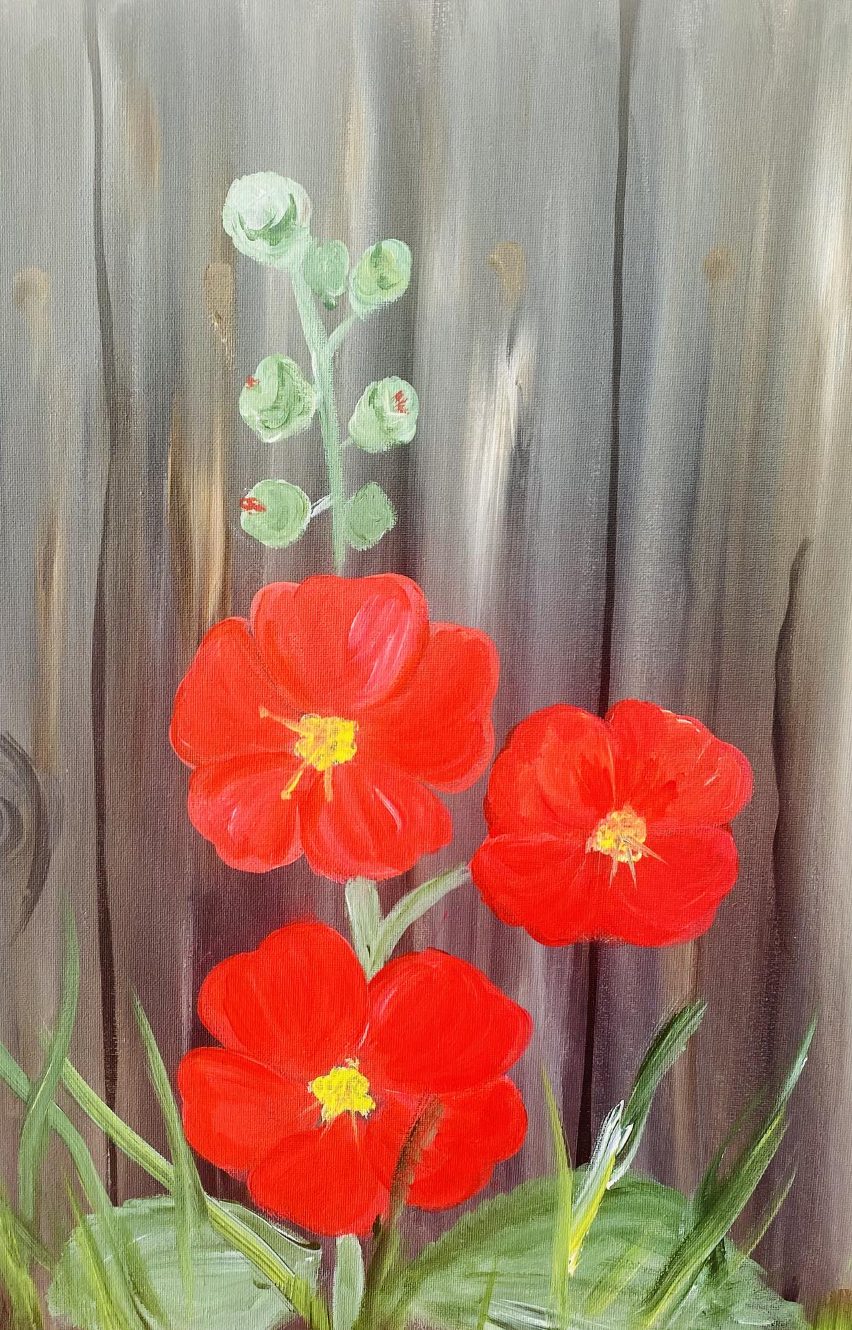 Hollyhocks with Barn Board background