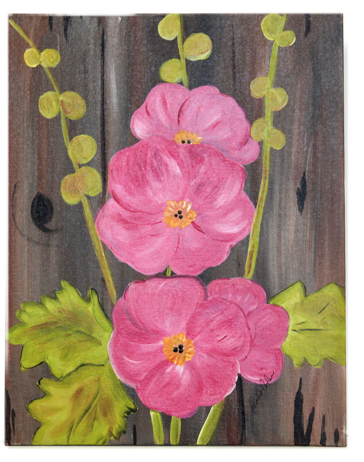 Barn Board with Hollyhocks